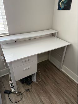 Modern White Desk with Monitor Shelf & 2 Drawers