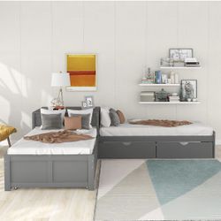 L Shaped Platform w/ Trundle and Drawers - Kids Twin Size Bed