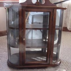 Wood and Curved Glass Wall Hung Display Cabinet with Mirrored Back