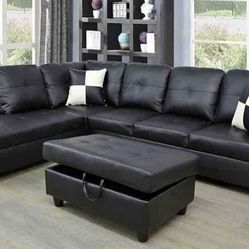 Black Leather Sectional Couch And Ottoman