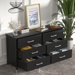 IKENO 6 Drawer Double Dresser, Industrial Wood Dresser for Bedroom, Storage Cabinet with Sturdy Stee
