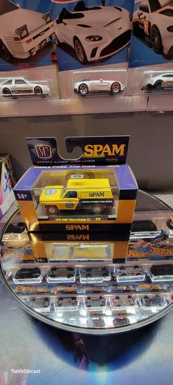 M2 Machines 1/64 Blue/Yellow Spam 1975 GMC Sierra Grand 15 Pickup Truck
