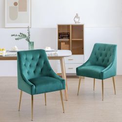 Dining Chair Set of 2, Upholstered Velvet with Back Pull Rod. Green