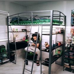 Twin Metal Loft Bed with Integrated Desk and Shelves, Silver