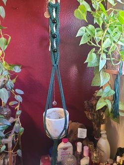 Handmade Teal Macrame Plant Hanger with Beads