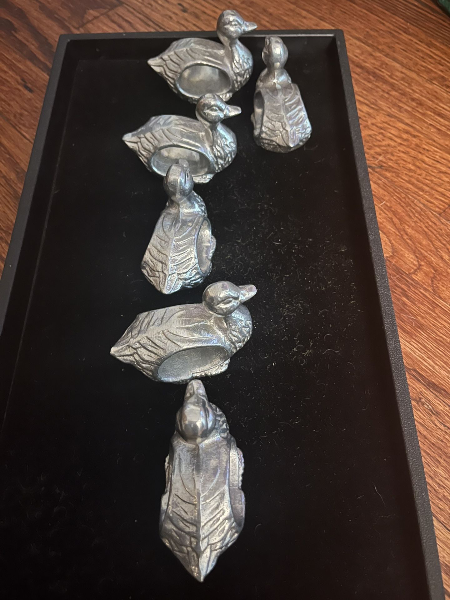 Vintage Mid Century Silver Tone Pewter Duck Napkin Rings Set of 6