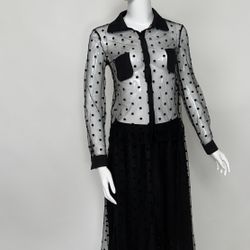 Black Sheer Polka Dot Dress – Long Sleeve Button-Up – Size Small – 50” Length