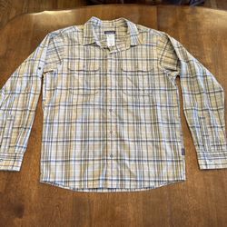 Patagonia Shirt Medium Brown Beige Plaid Snap Front Tab Sleeves Performance