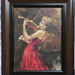 Framed Violinist Cross Stitch Needle Point Art 