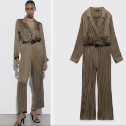 Zara olive satin effect long sleeve palazzo wide leg jumpsuit L