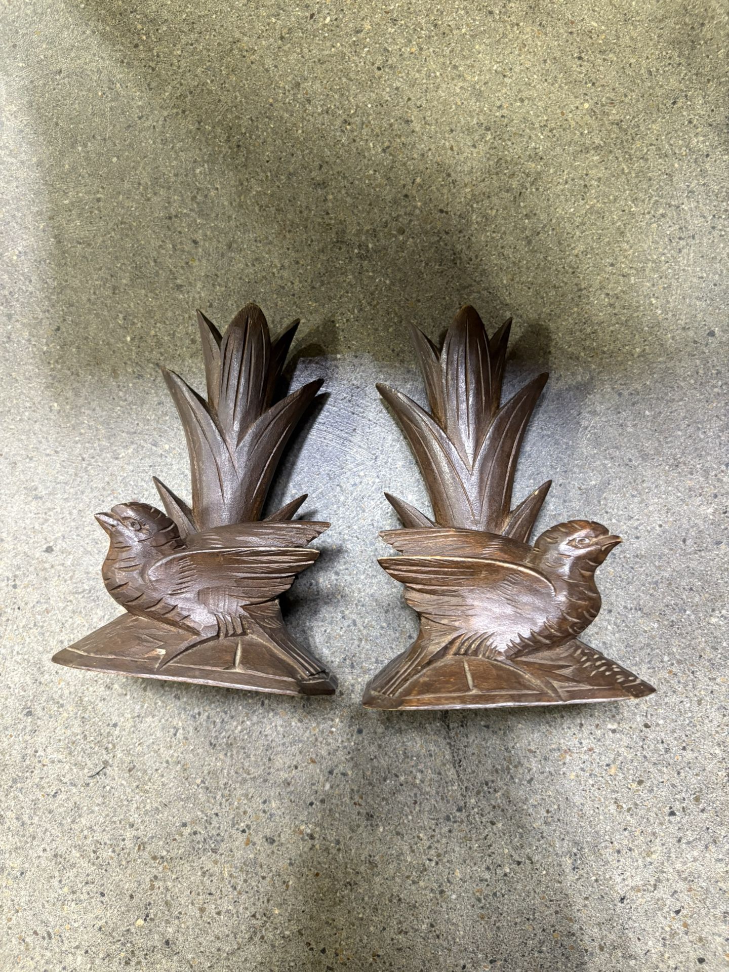 vintage Black Forest wood carved bird plant vases