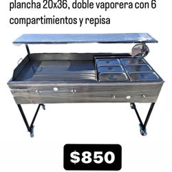 plancha 20x36, doble vaporera con 6 compartimientos y repisa