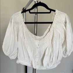 We The Free White Puff Sleeve Smocked Peasant Off Shoulder Crop Blouse