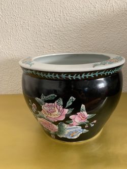 Large vintage floral Chinese porcelain fish bowl planter,hand painted koi fish swimming onthe inside  Floral Chinese porcelain fish bowl planter, hand