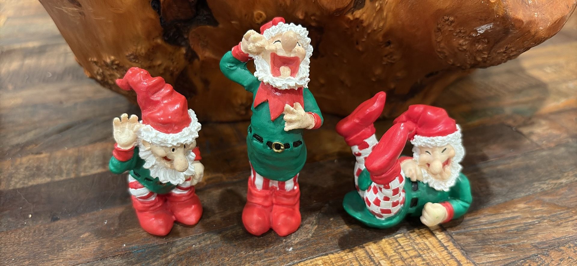 Set of 3 Vintage Christmas Elf Figurines Adorable set of three vintage holiday elf figurines with playful poses and classic Christmas colors