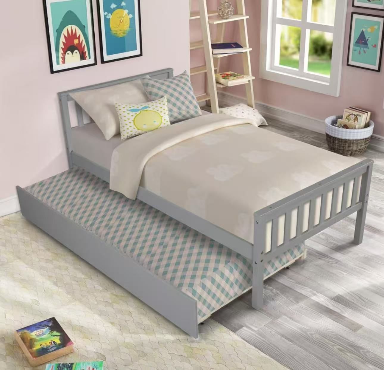 ❤️ Twin Bed with Trundle, Platform Bed Frame with Headboard and Footboard grey
