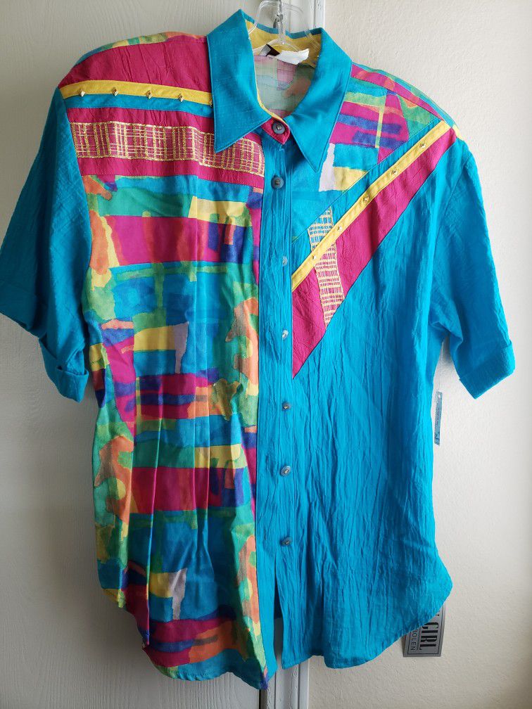 Nwt Vintage City Girl Blue Multicolored Button Up Blouse 
