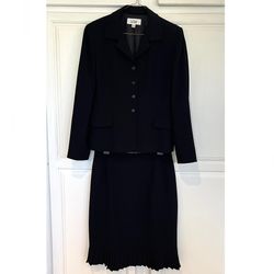 Le Suit Womens 10 Black Jacket Skirt Suit Single Breasted Accordion Pleat Hem