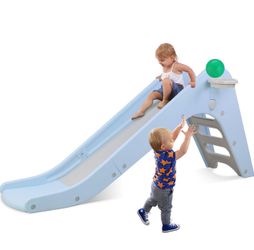 Toddler Slide, Baby Indoor Foldable Slide with Basketball Hoop & Ball, 63" Extra Long Slope, Non-Slip Steps, Sturdy Plastic Outdoor Climber Playset fo