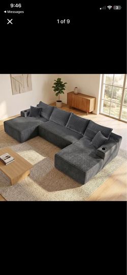 134" Plush Cloud U-Shape Modular Sectional Sofa with Chaise, Side Pockets, and No Assembly Required - Grey