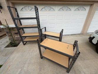 Garage shelving units, welded steel, stackable