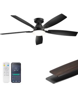 52 Inch Ceiling Fans with Lights, App & Remote Control, Quiet Reversible DC Motor, 6 Speeds, Dimmable 3CCT LED Light, Low Profile Flush Mount Ceiling 