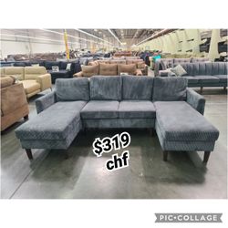 Dark Gray Corduroy Double Chaise Sectional Sofa 