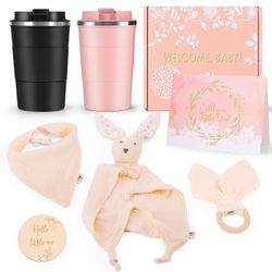 New Mom Dad Gift Set Newborn Baby Gift Baby Bunny, wooden teether, muslin bib, non-slip parent tumbers and announcement Baby Shower Gift