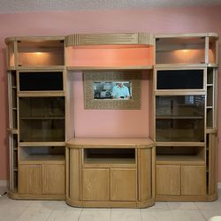 Gorgeous Wall Unit / Entertainment center with Glass Doors, Dark Screen Cubbies For Speakers, Sliding Door Cubbies and Gorgeous Lighting.  