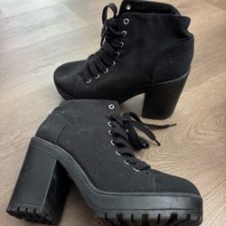 Black Canvas Platform Heel Ankle Boots