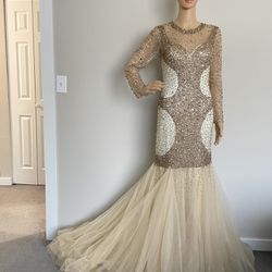 Luxurious Mermaid Beaded Long Sleeve Prom Dress Wedding Pageant  Train Gold 6