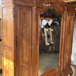 19th Century French Armoire Mercury Glass Mirror Louis Antique Vintage Shelving Ancathus Bar old Rose Swags Paris France Shabby Chic
