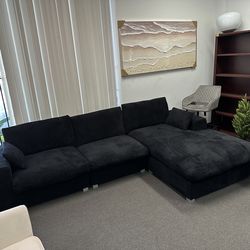 New 113” Black Corduroy Fabric Sectional Sofa L-Shape Sofa