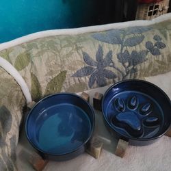 Ceramic Dog Bowl Set Pet Water Food Slow Feeder Wood Elevated