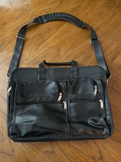 Black Faux Leather Laptop Briefcase Messenger or Travel Bag – Tons of Pockets