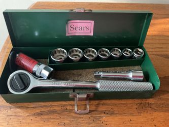 Vintage Sears 3/8” Drive Ratchet Socket Wrench Set Original Metal Box 12 Point