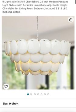 Modern 9-Light White Shell Chandelier - 23” Adjustable Pendant Light with Ceramic Lampshade, Includes 9 E12 LED Bulbs