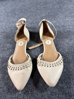Womens Size 9 Beige Pointed Toe Ankle Strap Flats Woven Detail Shoes