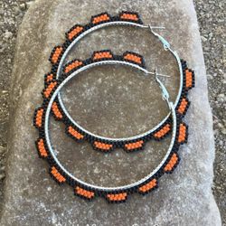 Orange And Black 3” Beaded Hoops, New, Handmade By Me