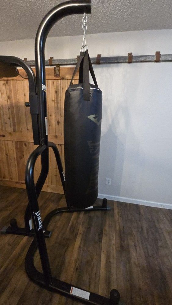 Like-New Everlast Dual Station Boxing Stand + 80lb Heavy Bag + FREE gloves/wraps