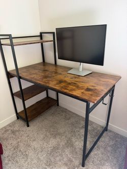 Modern Computer Desk with Storage Shelves – Rustic Brown & Black