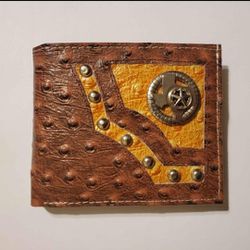 Texas Concho Mens Wallet Western Short Bifold Ostrich Pattern brown Faux Leather