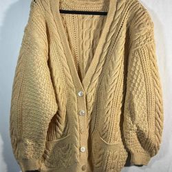 Anne Klein II  Womens Large Cardigan Cable Knit Yellow Sweater Wool Long Sleeve Top 