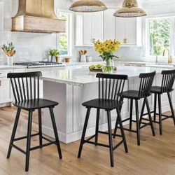 (4pcs) Black Windsor Wooden 24 inch Counter Height Barstools with Spindle Back