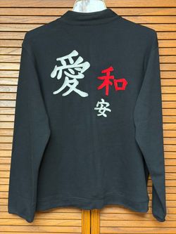 Additions By Chico’s 1 Women’s M Black Zip Jacket Asian Symbols On Back