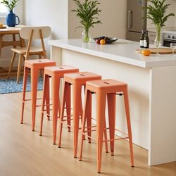 New Set of 4 30 Inch Backless restaurant Metal Bar Stool Stackable Indoor Outdoor Industrial Bar Stools Orange  New in box T STL002OG dimensions 17.3"