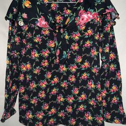  Vintage Floral Blouse w/ Cape Collar & Buttons (Size M)