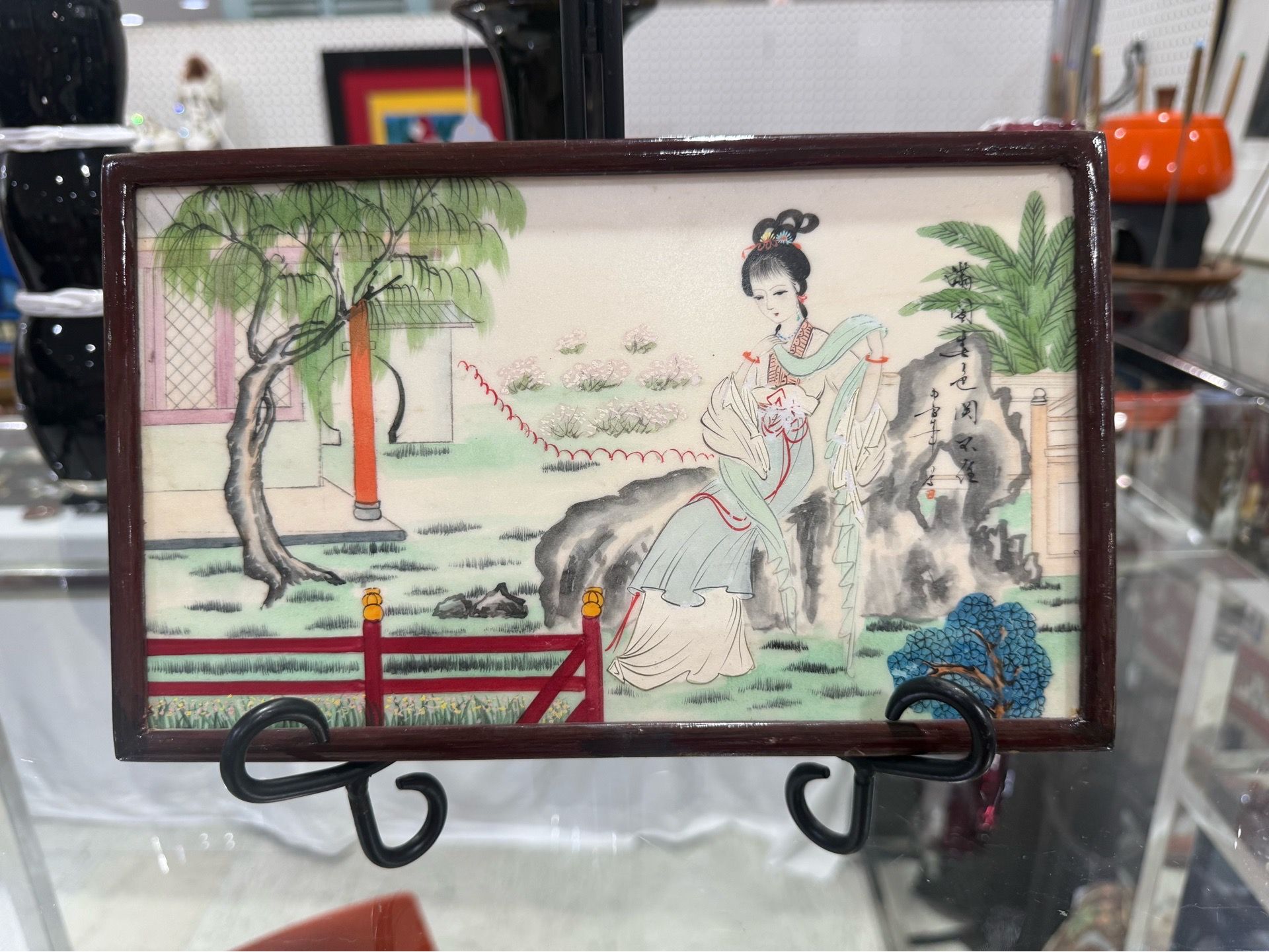 Vintage Chinese Hand-Painted Double-Sided Marble Table Screen Plaque 6x10