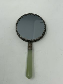 Vintage Chinese Porcelain Jade Handle Hand Mirror Hand Painted Boy Butterfly