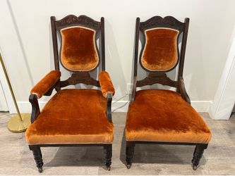 Antique Victorian Carved Walnut Velvet Chairs